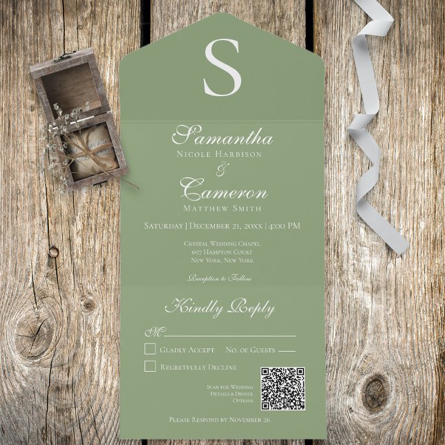 Modern Monogram Sage Green QR Code All In One Invitation (Creator Uploaded)