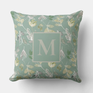 Modern Monogram Sage Green Silver Leaves Foliage  Cushion