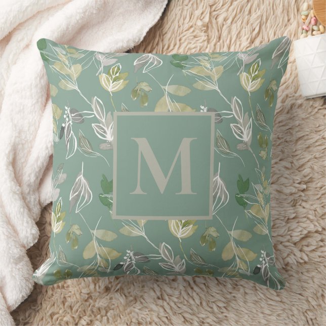 Modern Monogram Sage Green Silver Leaves Foliage Cushion (Blanket)