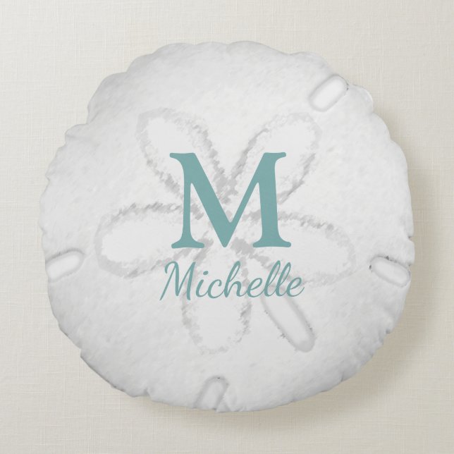 Modern Monogram Sand Dollar Turquoise Ocean  Round Cushion (Front)