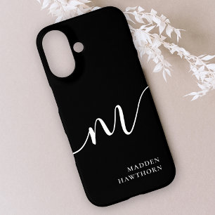 Modern Monogram Script Calligraphy Black iPhone 16 Case