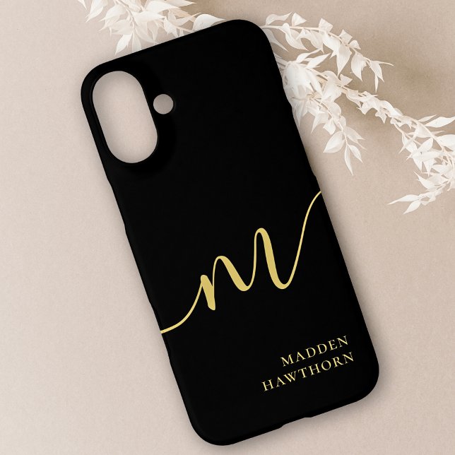Modern Monogram Script Calligraphy Black Gold Case-Mate iPhone Case (Creator Uploaded)