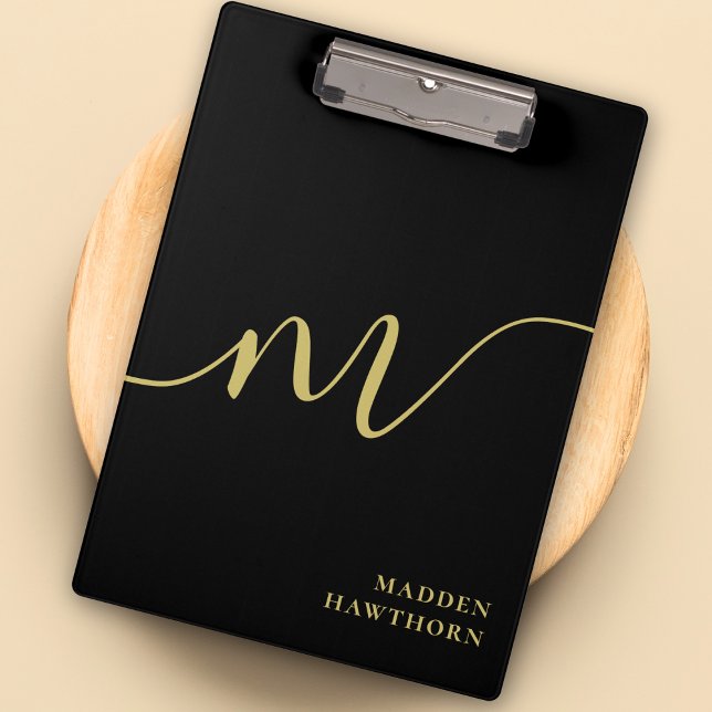 Modern Monogram Script Calligraphy Black Gold Name Clipboard (Creator Uploaded)