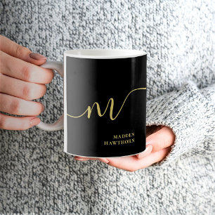 Modern Monogram Script Calligraphy Black Gold Name Coffee Mug