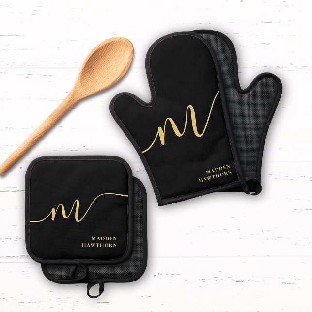 Modern Monogram Script Calligraphy Black Gold Name Oven Mitt & Pot Holder Set (Creator Uploaded)