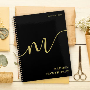 Modern Monogram Script Calligraphy Black Gold Name Planner