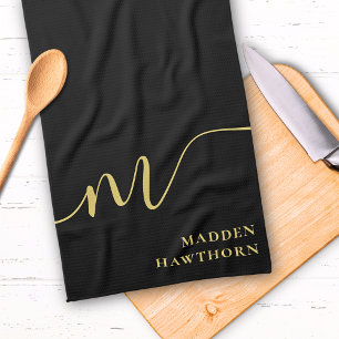 Modern Monogram Script Calligraphy Black Gold Name Tea Towel