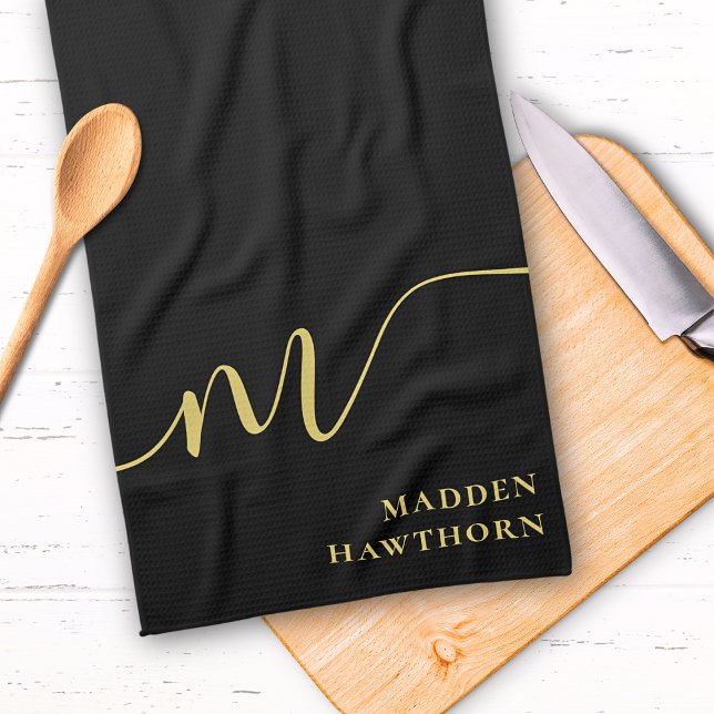 Modern Monogram Script Calligraphy Black Gold Name Tea Towel (Creator Uploaded)