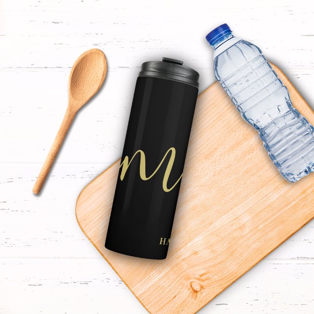 Modern Monogram Script Calligraphy Black Gold Name Thermal Tumbler (Creator Uploaded)