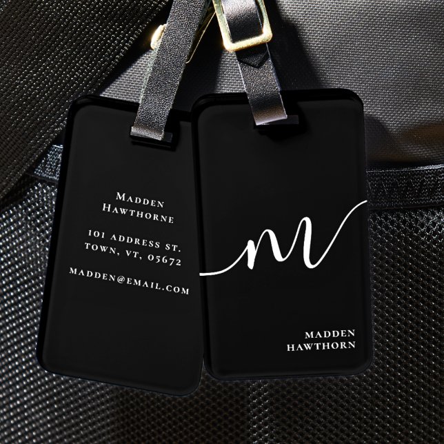 Modern Monogram Script Calligraphy Black Luggage Tag (Creator Uploaded)