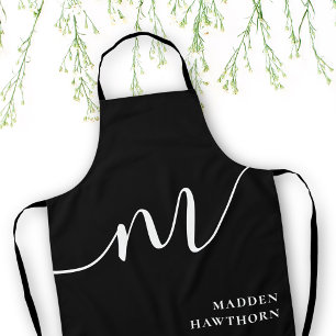 Modern Monogram Script Calligraphy Black White Apron