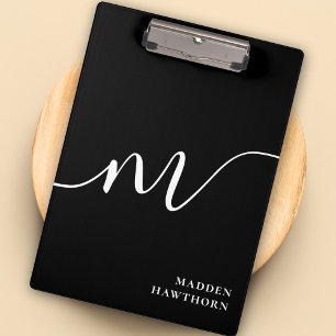 Modern Monogram Script Calligraphy Black White Clipboard