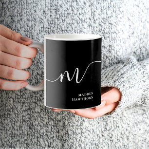 Modern Monogram Script Calligraphy Black White Coffee Mug