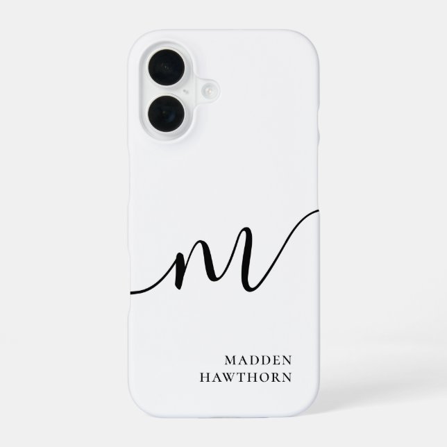 Modern Monogram Script Calligraphy Black White iPhone 16 Case (Back)