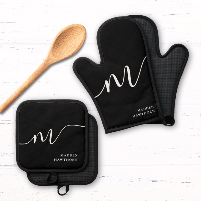 Modern Monogram Script Calligraphy Black White Oven Mitt & Pot Holder Set (Creator Uploaded)