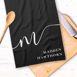 Modern Monogram Script Calligraphy Black White Tea Towel