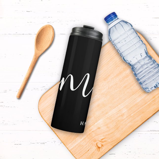 Modern Monogram Script Calligraphy Black White Thermal Tumbler (Creator Uploaded)