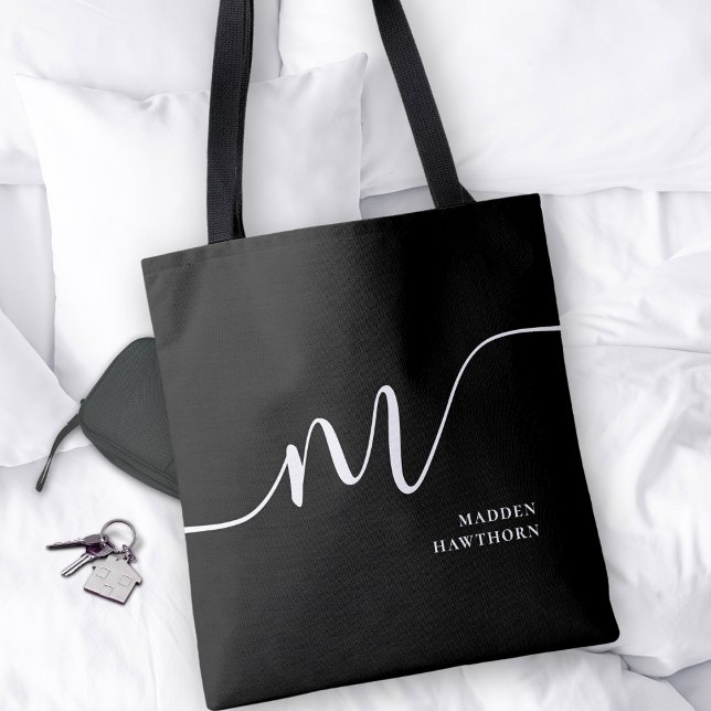 Modern Monogram Script Calligraphy Black White Tote Bag (Creator Uploaded)