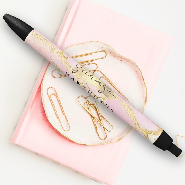Modern Monogram Script Chic Girly Pink Gold Foil Black Ink Pen (Creator Uploaded)