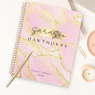 Modern Monogram Script Chic Girly Pink Gold Foil Planner