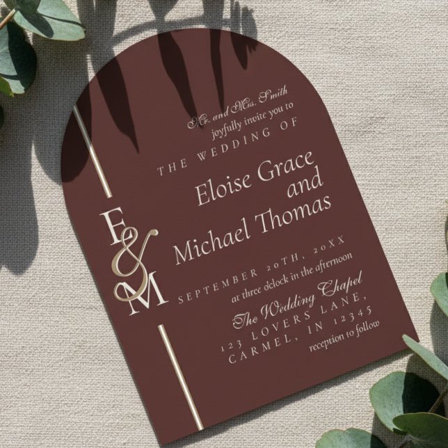 Modern Monogram Script Deep Red Arch Wedding Invitation (Announce your special day with this luxurious Modern Monogram Script Red Arch Wedding Invitation!)