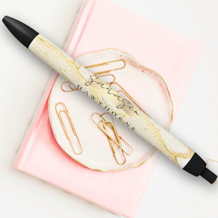 Modern Monogram Script Elegant Ivory Gold Glitter Black Ink Pen