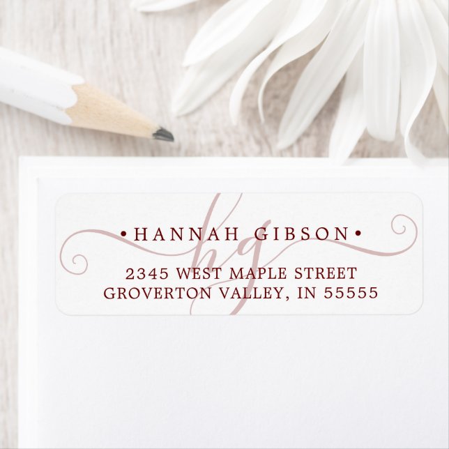 Modern Monogram Script Initials Burgundy Return Address Label (Insitu)