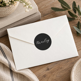 Modern Monogram Script Name Black Classic Round Sticker
