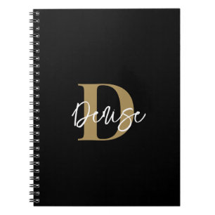 Modern Monogram Script Name Black Gold Notebook