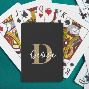 Modern Monogram Script Name Black Gold Playing Cards
