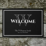 Modern Monogram Script Name Chic Wedding Welcome  Doormat<br><div class="desc">Modern Monogram Script Name Chic Wedding Welcome Doormat. Personalised monogram initial and the bride and groom's last name and date are established on a black background. Click Personalise this template to customise it quickly and easily. A Unique cute gift for newlyweds. Lovely for their new home together. Ships Worldwide Fast....</div>