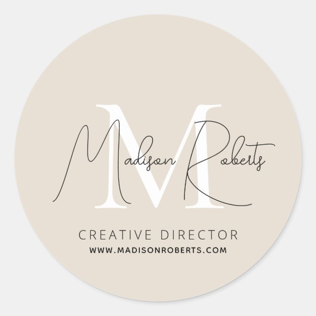  Modern monogram script name logo beige  Classic Round Sticker (Front)