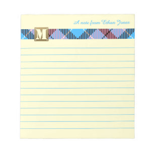Modern Monogram Script Name Tartan Canary Lined Notepad