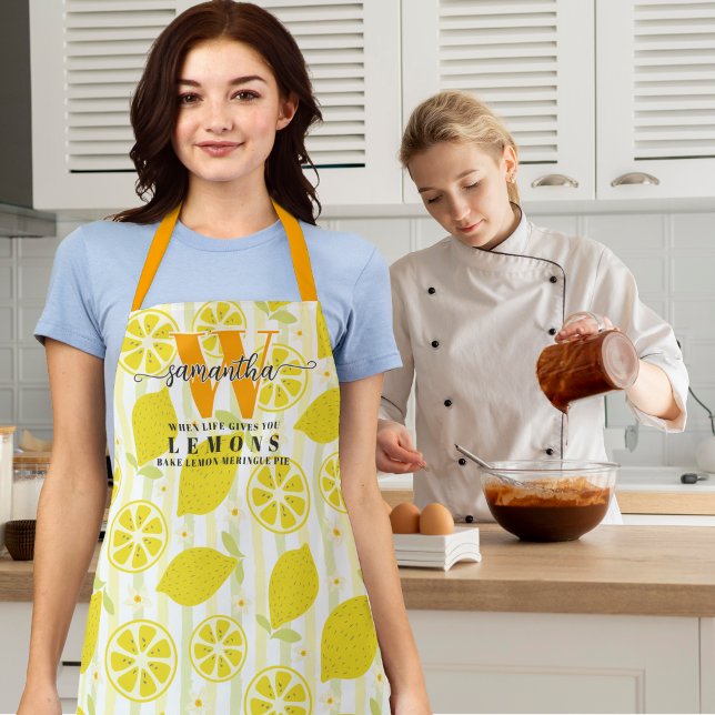Modern Monogram Script Rustic Whimsical Lemons Apron (Modern Monogram Script Rustic Whimsical Fresh Mediterranean I ♥ Limoncello Kitchen Lemons Apron)