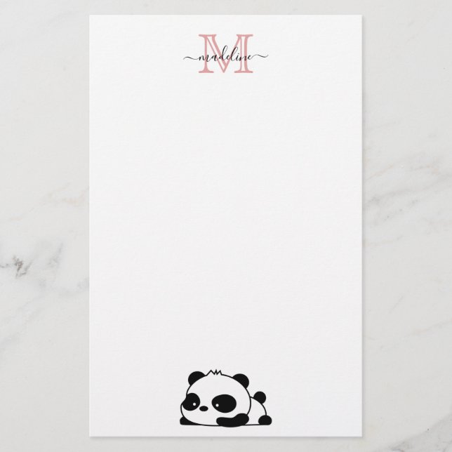 Modern Monogram Script Typography Funny Panda Stationery (Front)