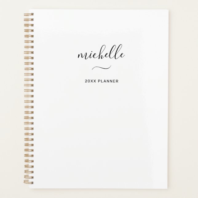 Modern Monogram Script White Weekly Monthly Planner (Front)