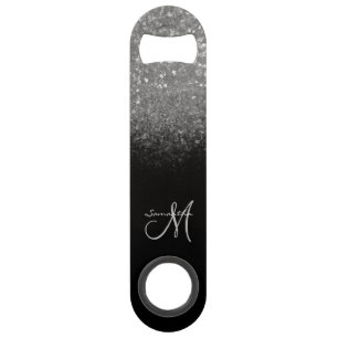 Modern Monogram Silver Glitter & Black Name