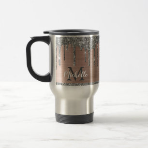 Modern Monogram Silver Glitter Drips on Pink Metal Travel Mug