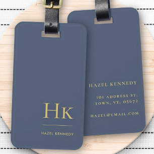 Modern Monogram Simple Elegant Navy Blue Gold Luggage Tag