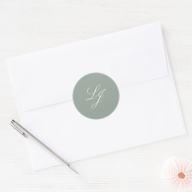 Modern Monogram Simple Script Sage Green Wedding Classic Round Sticker (Envelope)