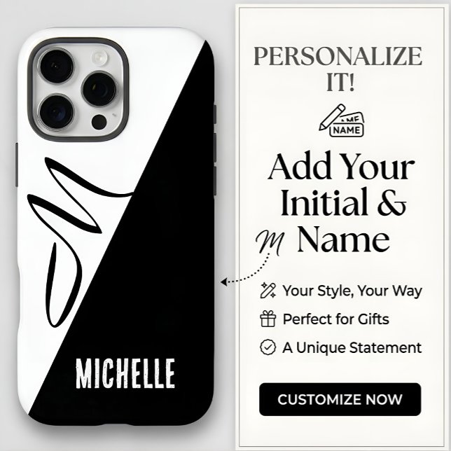 Modern Monogram Split Black & White Custom Name Case-Mate iPhone Case (Creator Uploaded)