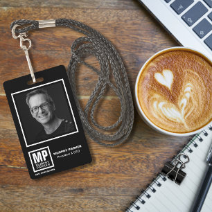 Modern Monogram Square Logo Black White Photo ID Badge