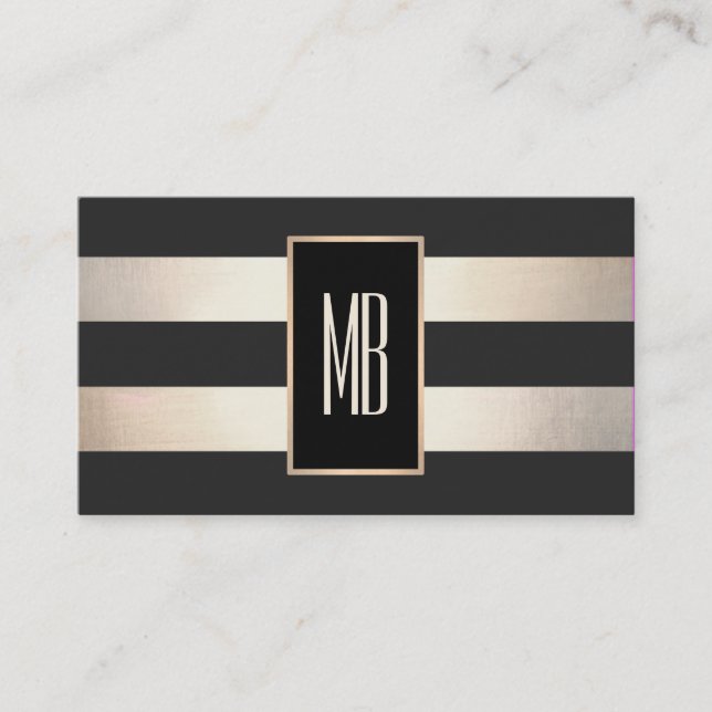 Modern Monogram Striped Black and FAUX Gold Foil Business Card (Front)