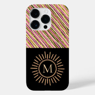 Modern Monogram Stripes Yellow Gold Black Case-Mate iPhone 14 Pro Case