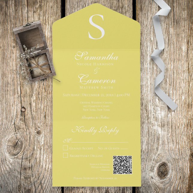 Modern Monogram Sunflower Yellow QR Code All In One Invitation (Creator Uploaded)