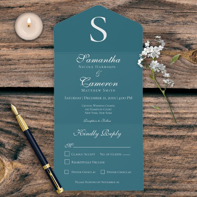 Modern Monogram Teal Blue Dinner All In One Invitation (Creator Uploaded)