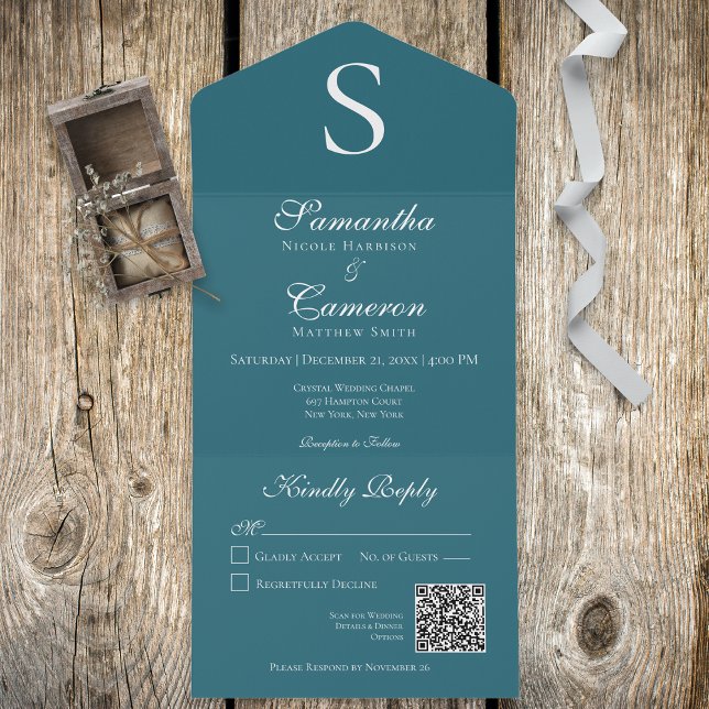 Modern Monogram Teal Blue QR Code All In One Invitation (Creator Uploaded)