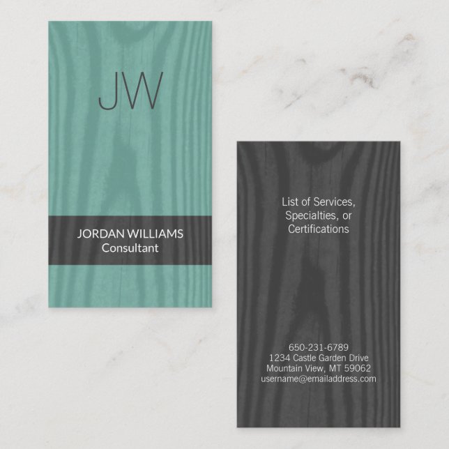 Modern Monogram Teal Faux Wood Minimalist Vertical Business Card (Front/Back)