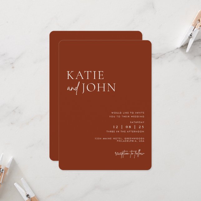Modern Monogram Terracotta Boho Wedding Invitation (Front/Back In Situ)