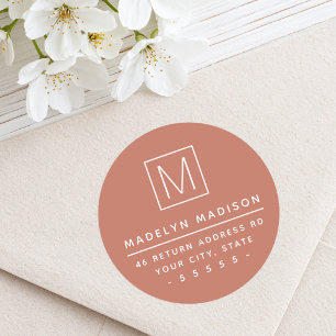 Modern monogram terracotta brown return address classic round sticker